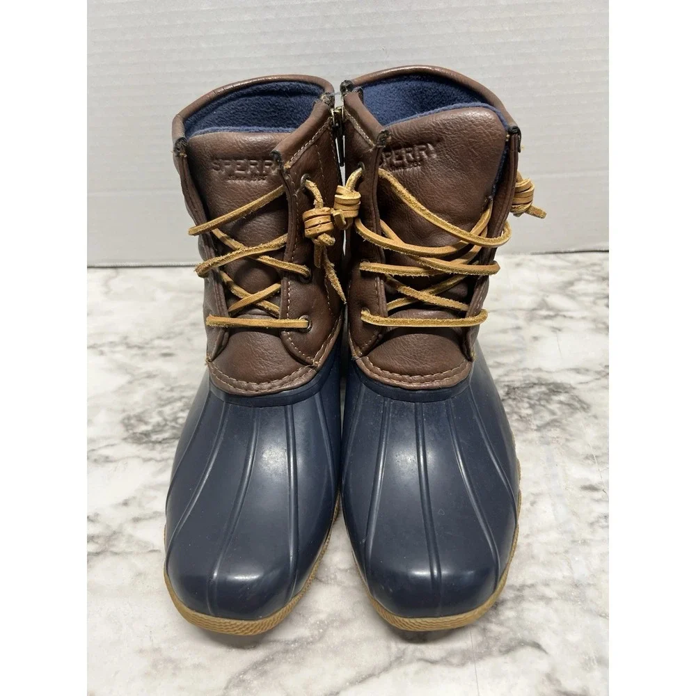 Sperry Saltwater Duck Boots Girls 4 Navy Brown Rain Boots Zipper Lace Up Youth